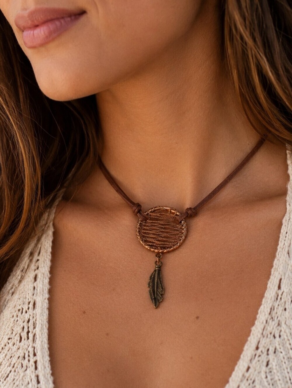 3/$30 Festival Leather Dream Catcher Feather Western Boho Lavalier Necklace